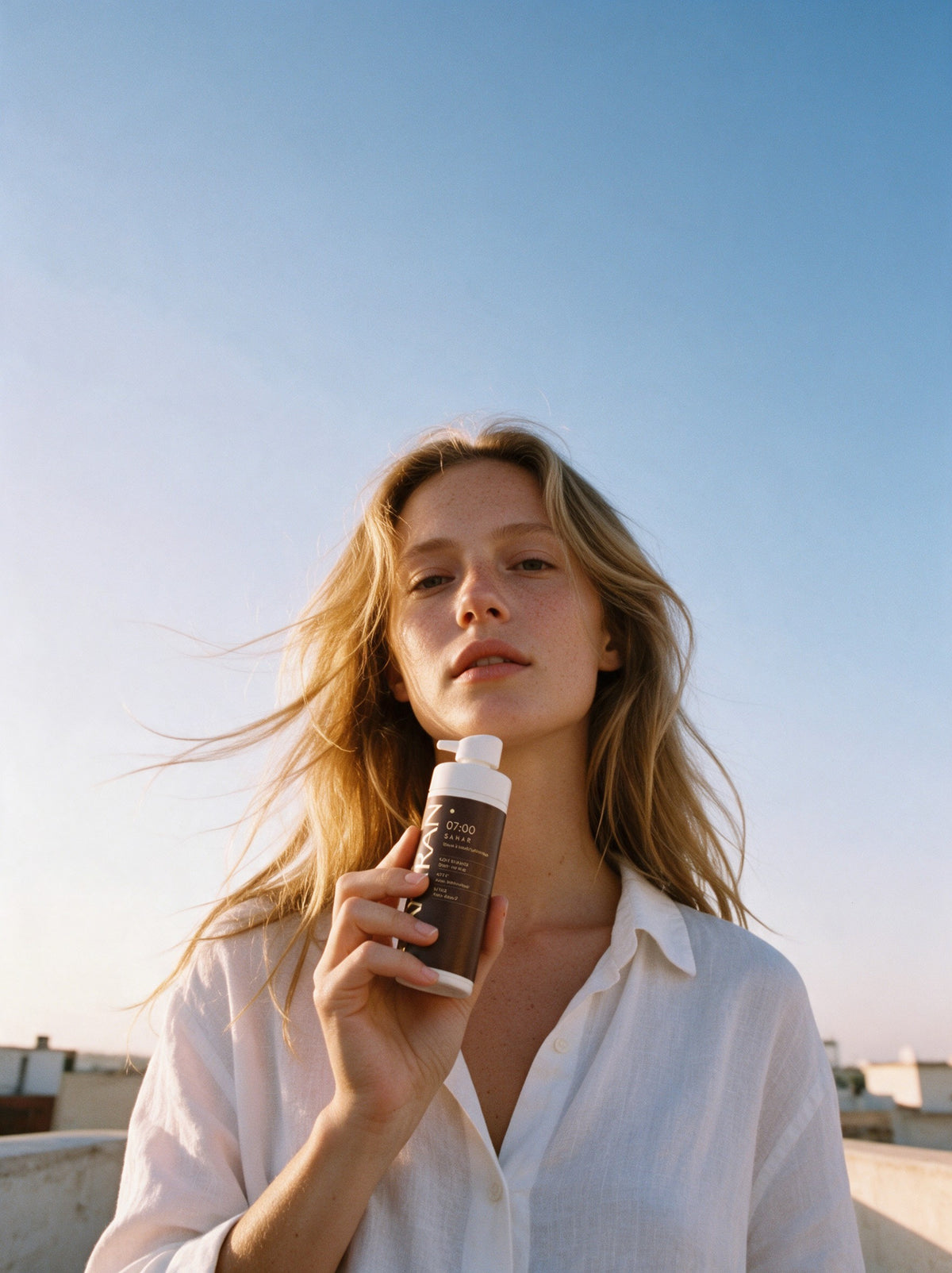 Une femme blonde tient le Sérum Sahar sous le ciel du matin.
